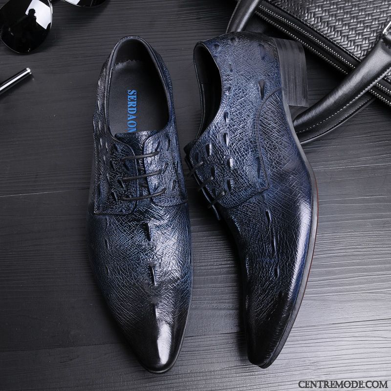 Derbies Homme Laçage Mariée Entreprise Pointe Pointue Cuir Chaussures En Cuir Bleu