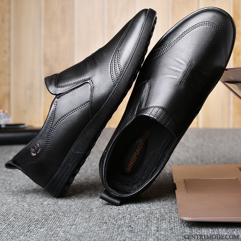 Derbies Homme Respirant Conduire Chaussures En Cuir Slip-on Plates Simple Noir