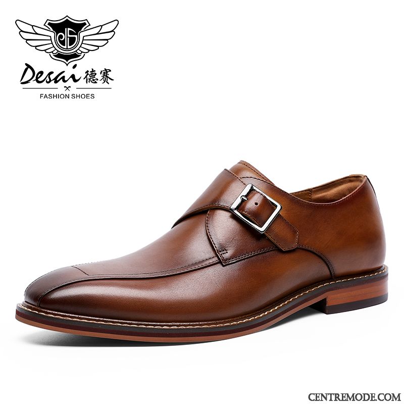 Derbies Homme Slip-on Chaussures En Cuir Costume Formel Angleterre Tête Carrée Cuir Véritable Brun