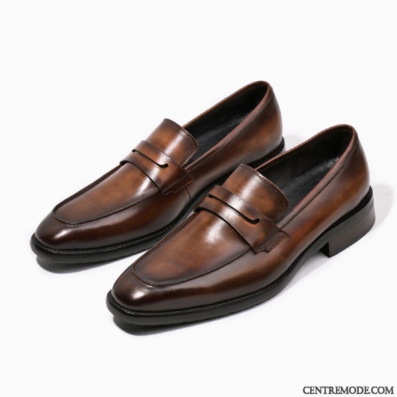 Derbies Homme Tous Les Assortis Tête Carrée Printemps Mocassin Costume Formel Cuir Véritable Brun Foncé