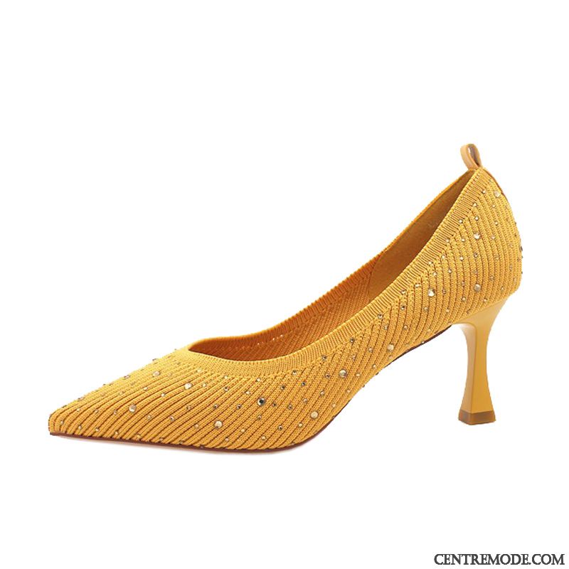 Escarpins Femme Derbies En Maille Mince Cuir Véritable Pointe Pointue Imitation Strass Jaune Clair