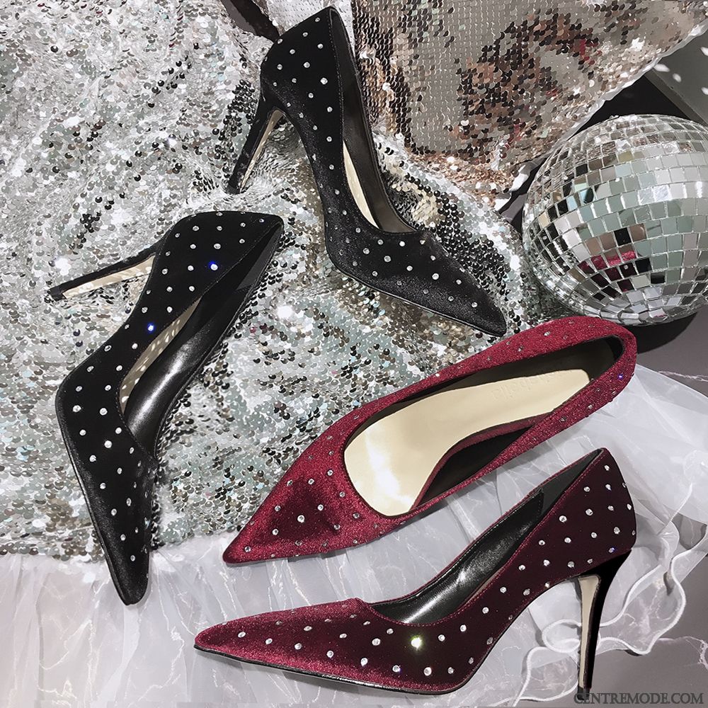 Escarpins Femme Derbies Imitation Strass Chaussures De Mariage Minces Noir Rouge Clair