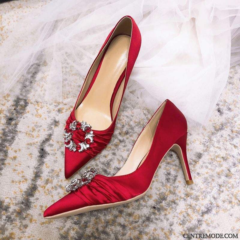 Escarpins Femme Soie Pointe Pointue L'automne Minces Imitation Strass Chaussures De Mariage Bordeaux