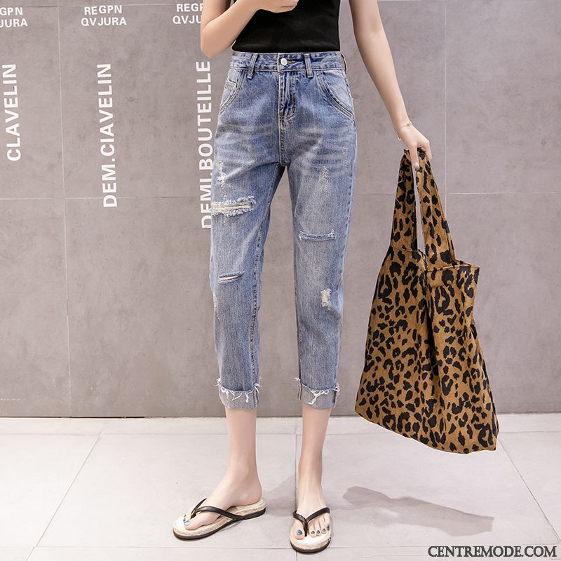Jeans Femme Collants Mince Troués Haute Cintrée Printemps Été Bleu