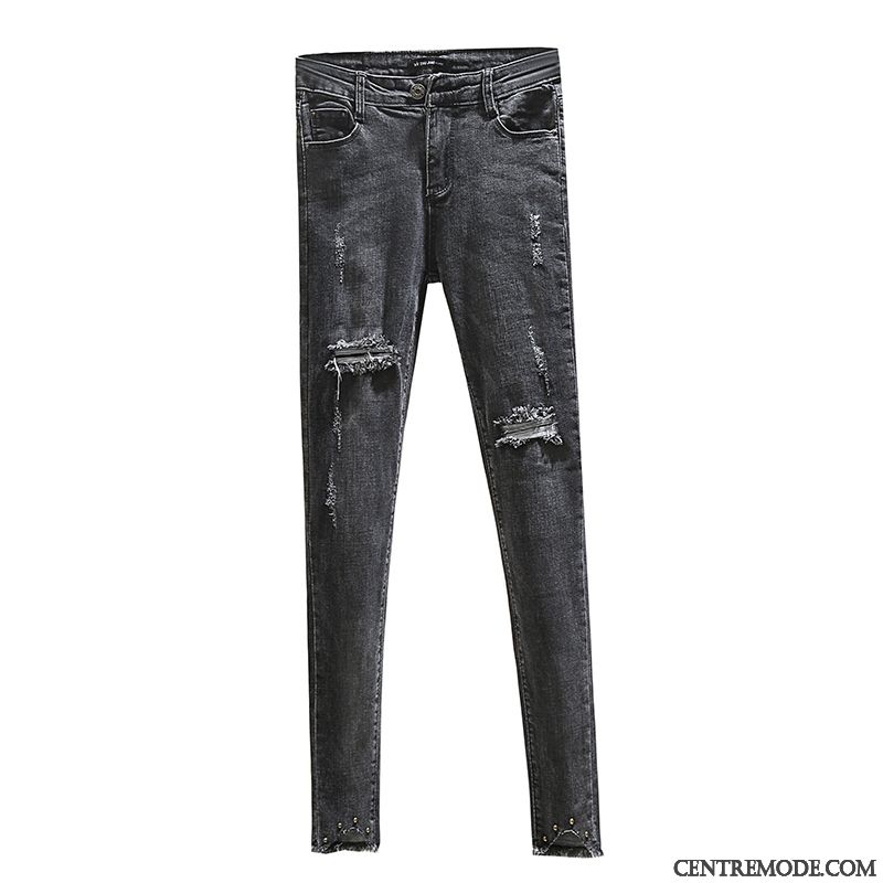 Jeans Femme Des Trous Mince Moulant Collants Hiver L'automne Noir Gris