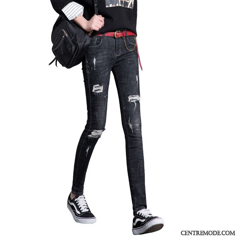Jeans Femme Des Trous Printemps Extensible Maigre L'automne Mince Noir