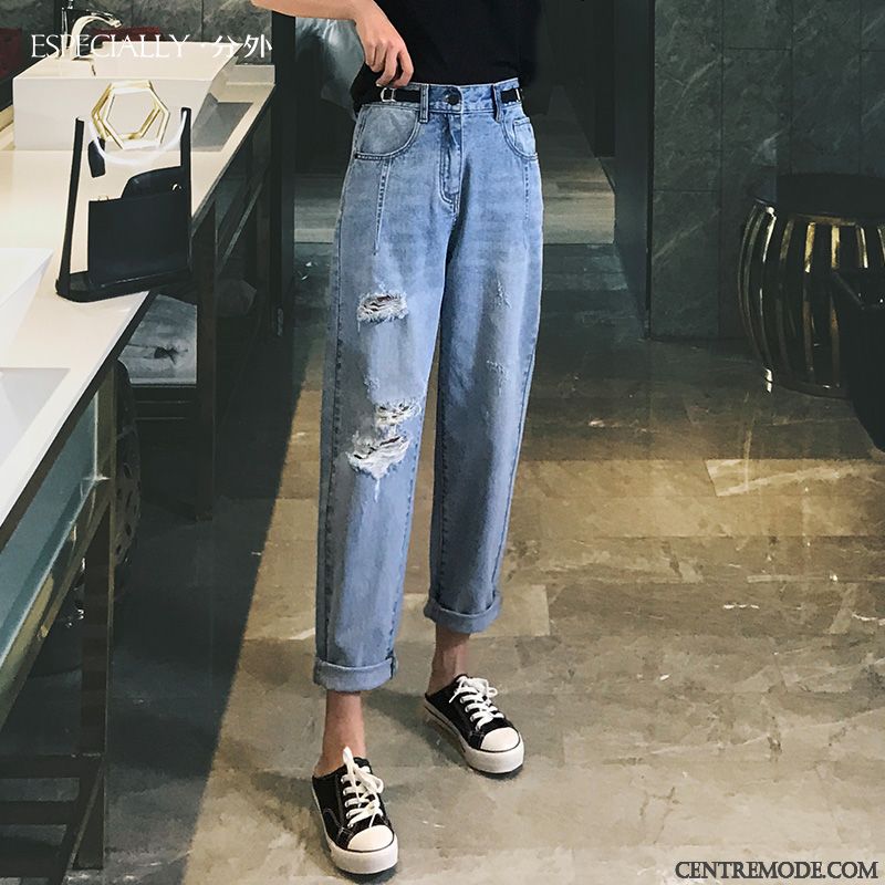 Jeans Femme Des Trous Été Légère Baggy Haute Cintrée Harlan Bleu Rouge
