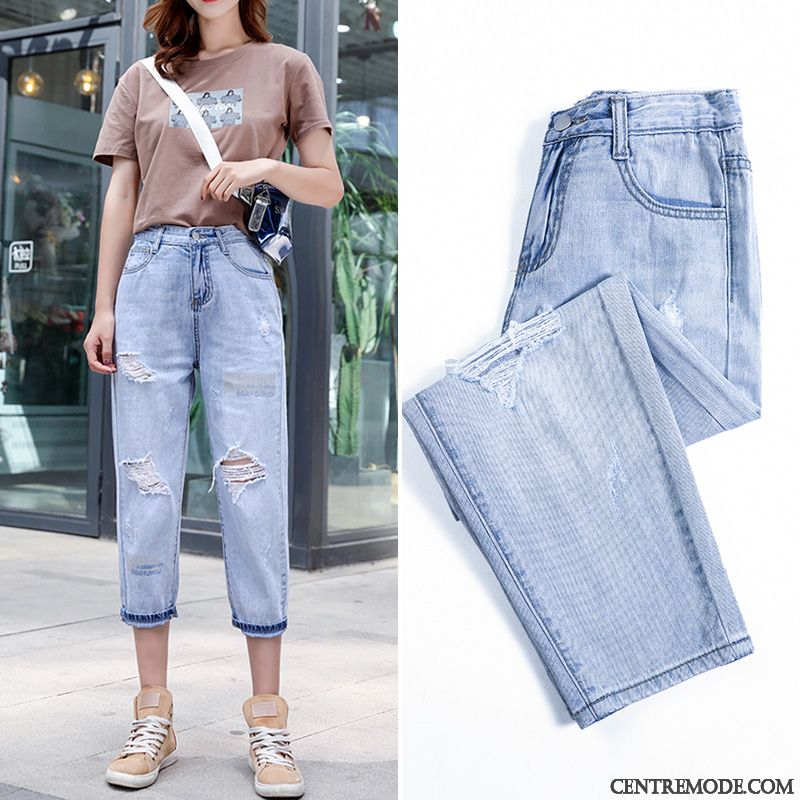 Jeans Femme Graisse Grande Taille Été Baggy Troués Mince Bleu Clair
