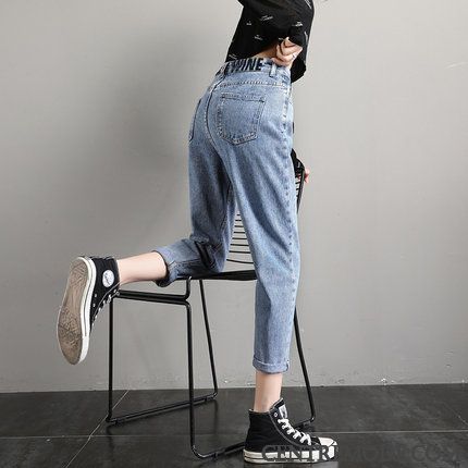 Jeans Femme Harlan Haute Cintrée Mince Baggy Été Jambe Droite Bleu