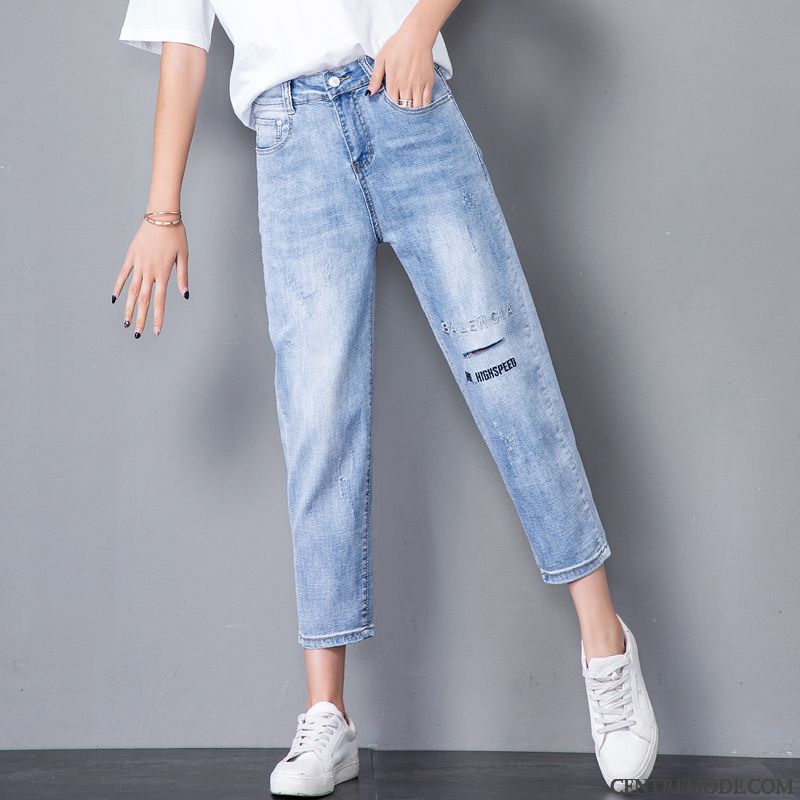 Jeans Femme Harlan Été Septième Pantalon Baggy Légère Haute Cintrée Bleu Clair