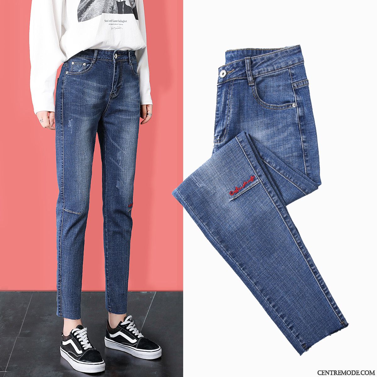 Jeans Femme Haute Cintrée Baggy Broderie Jambe Droite L'automne Été Bleu Rouge