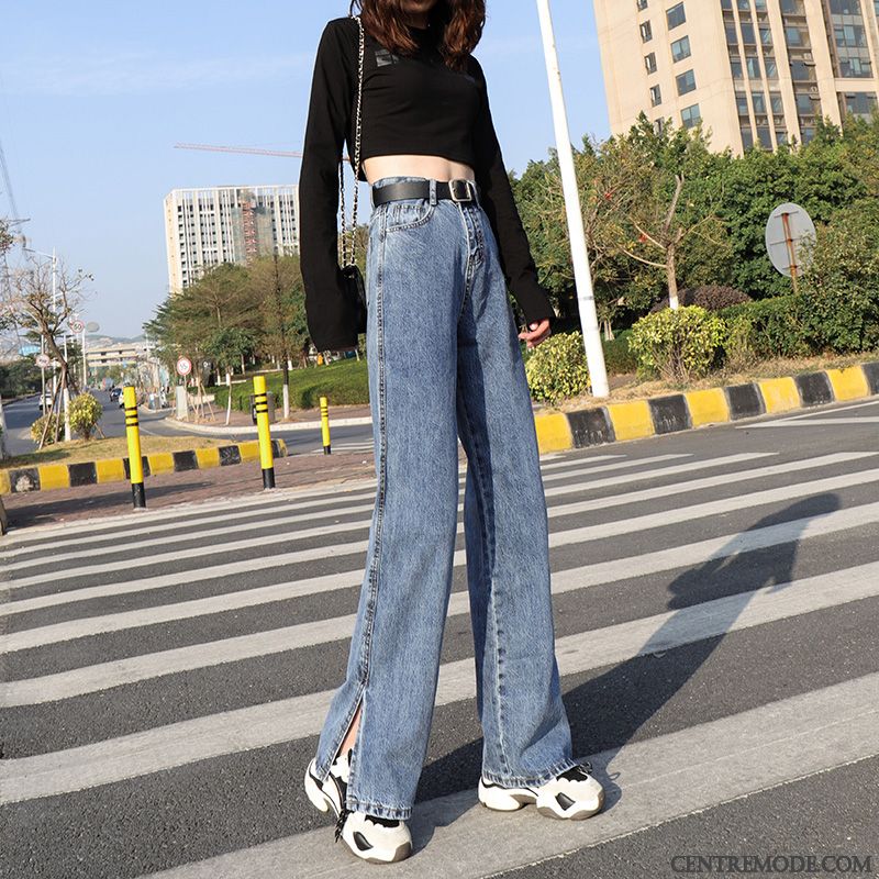 Jeans Femme Haute Cintrée Printemps Jambe Droite Diviser La Fourchette Pantalon Baggy Bleu
