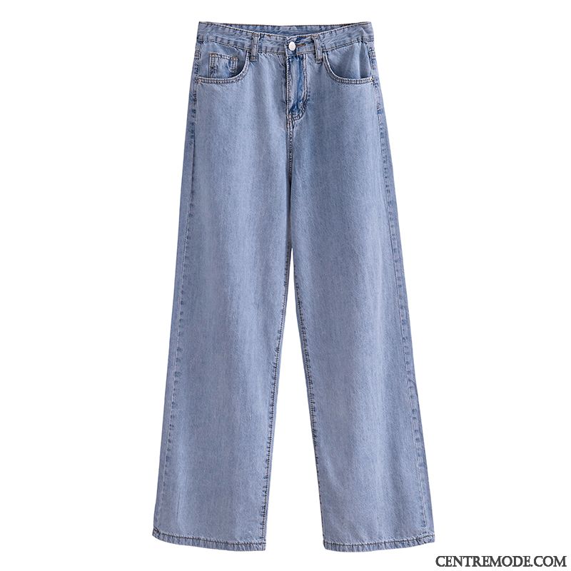 Jeans Femme Haute Cintrée Été Troués Pantalon Jambe Droite Mince Bleu