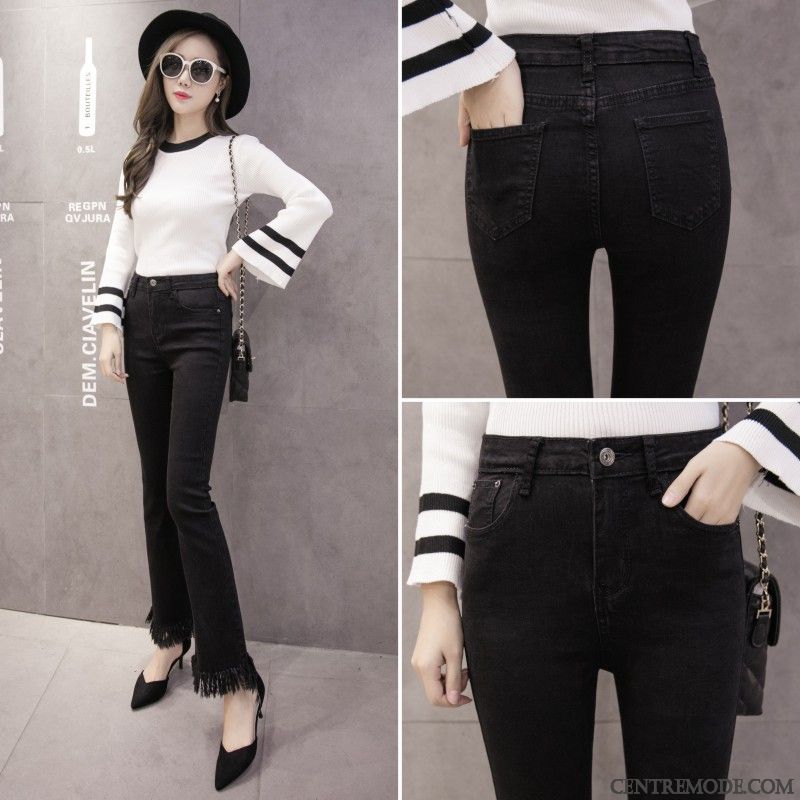 Jeans Femme Hiver Légèrement Pompon Haute Cintrée Printemps Mince Noir