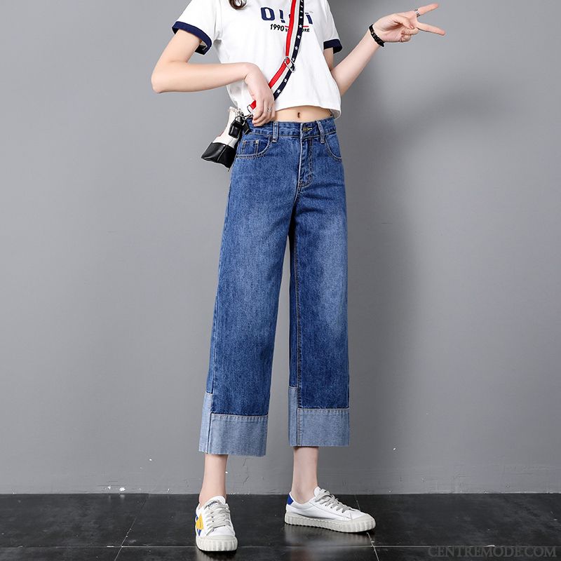 Jeans Femme Jambe Droite Baggy Été Haute Cintrée Pantalon Légère Bleu