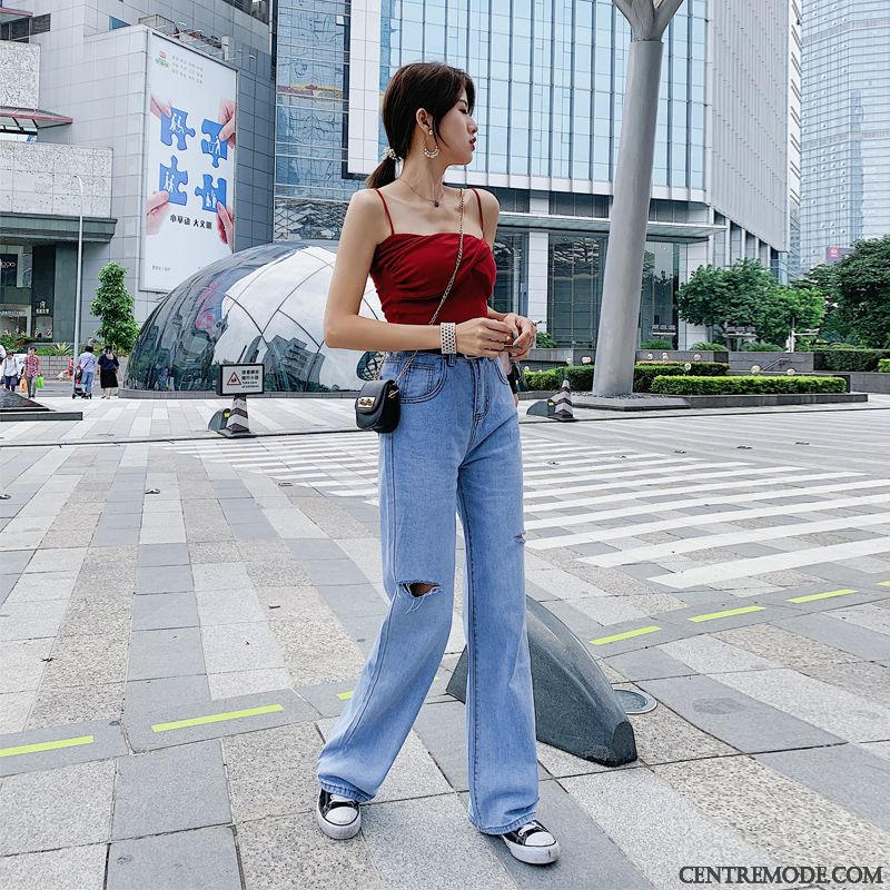 Jeans Femme Jambe Droite Été Troués Baggy Mince Haute Cintrée Bleu