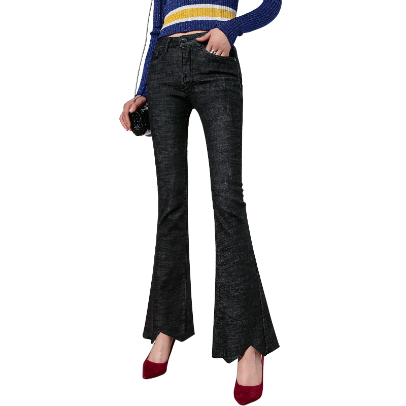 Jeans Femme Mince Extensible Jean Évasé Slim Plus De Velours Haute Cintrée Noir