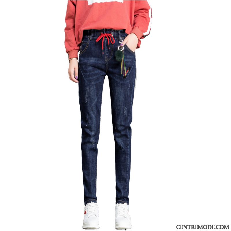 Jeans Femme Mince Plus De Velours Élastique Graisse Harlan Baggy Bleu