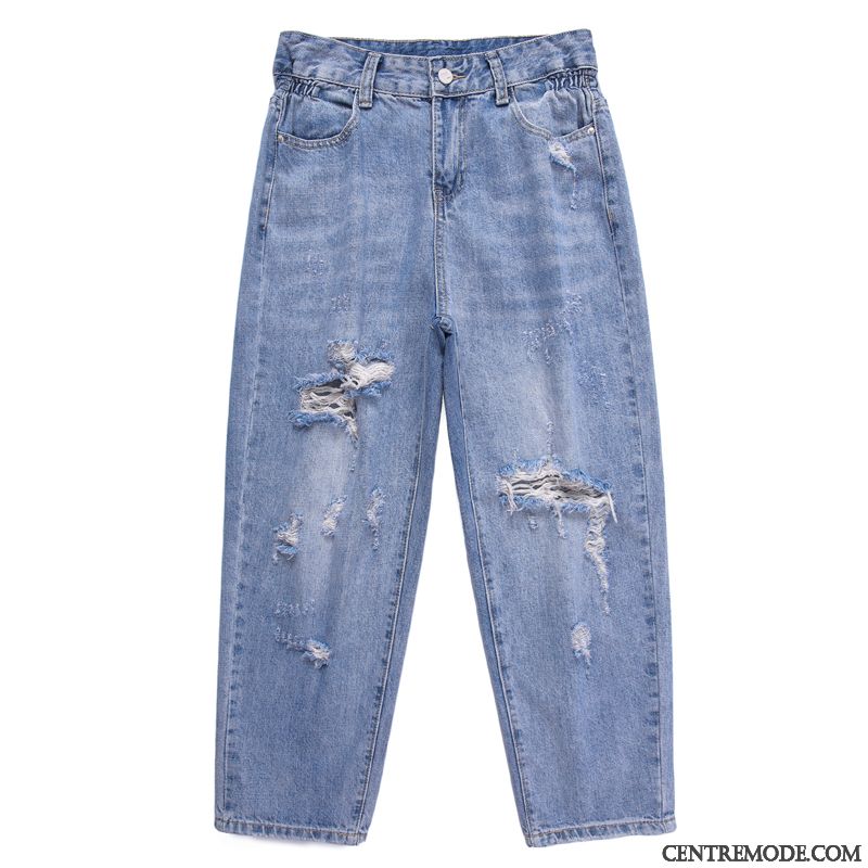 Jeans Femme Mince Septième Pantalon Des Trous Baggy Graisse Grande Taille Bleu