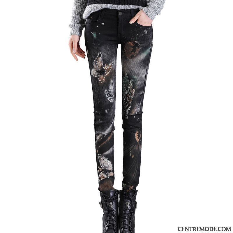 Jeans Femme Peinture Extensible Personnalité L'automne Maigre Printemps Impression Noir