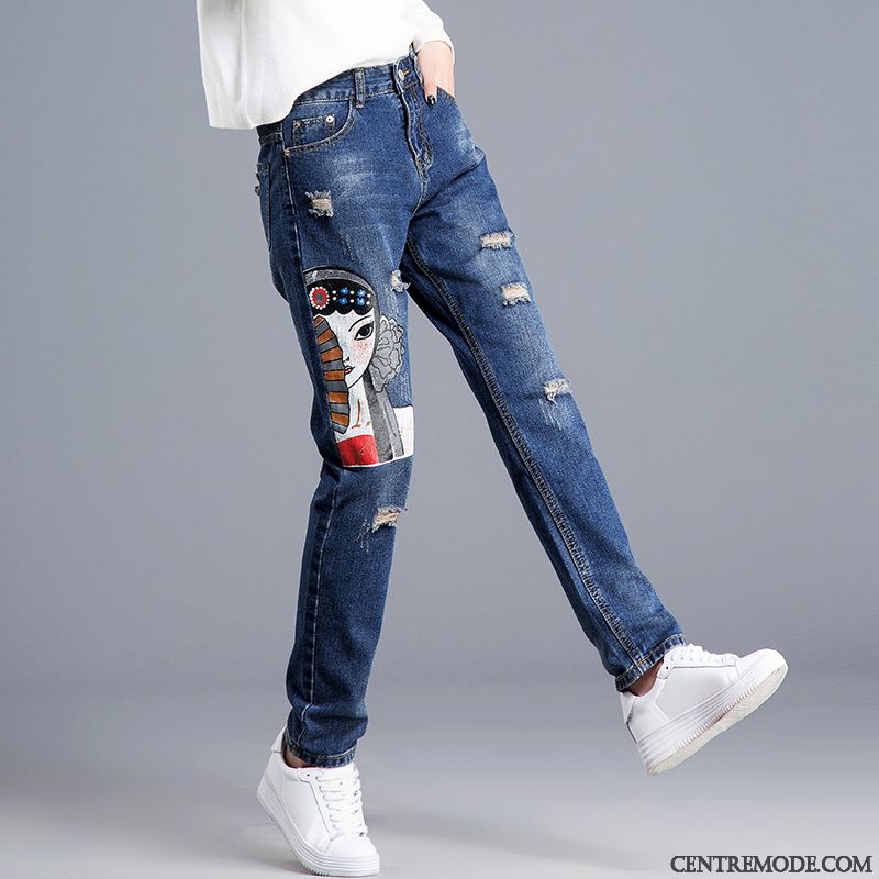 Jeans Femme Personnalité Troués Tendance Baggy Jambe Droite Décontractée Impression Bleu Foncé