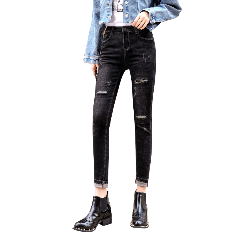 Jeans Femme Printemps Outwear Collants Mince Troués Noir