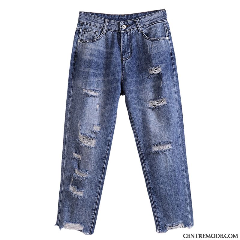 Jeans Femme Tendance Été Pantalon Jambe Droite Troués Mince Bleu Rouge
