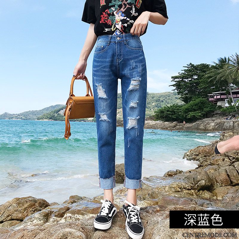 Jeans Femme Élastique Printemps Collants Harlan Des Trous Étudiant Bleu Marin