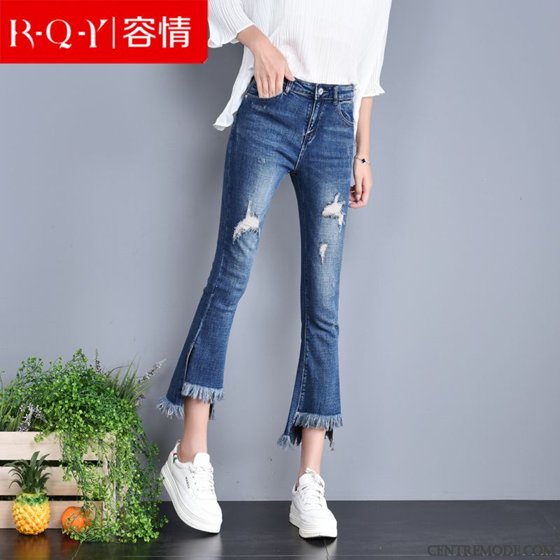 Jeans Femme Été Bord Pompon Irrégulier Collants Troués Bleu