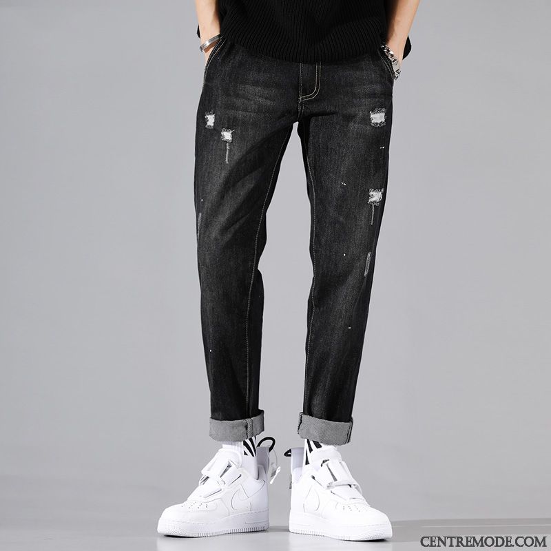 Jeans Homme Delavé Pantalon Baggy Des Trous Dans Les Jeans Vintage Jambe Droite Noir