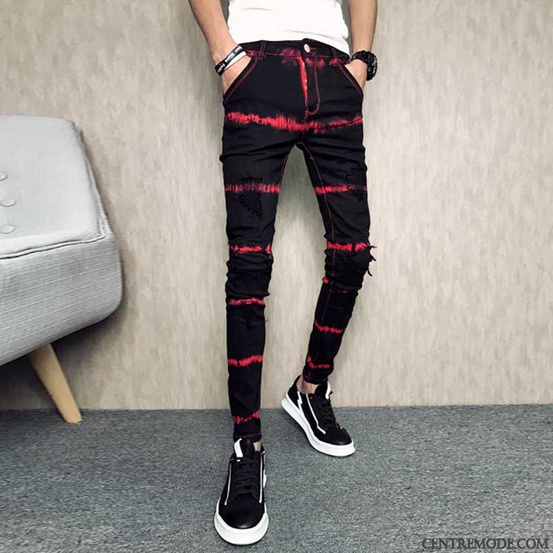 Jeans Homme Extensible Personnalité Collant Tendance Slim Maigre Rouge