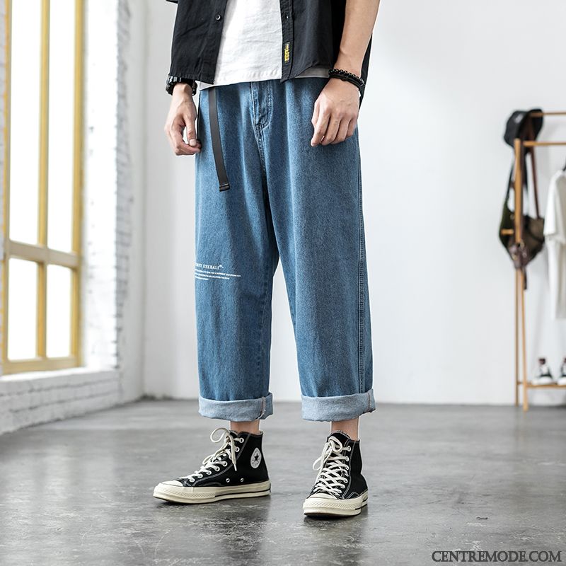 Jeans Homme Jambe Droite Baggy Rétro Décontractée Été Légère Bleu