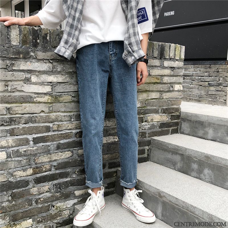 Jeans Homme Jambe Droite Beau Troués Pantalon Marque De Tendance Baggy Bleu Rouge
