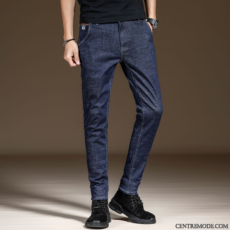 Jeans Homme Jambe Droite Extensible Tendance Été Décontractée Pantalon Bleu