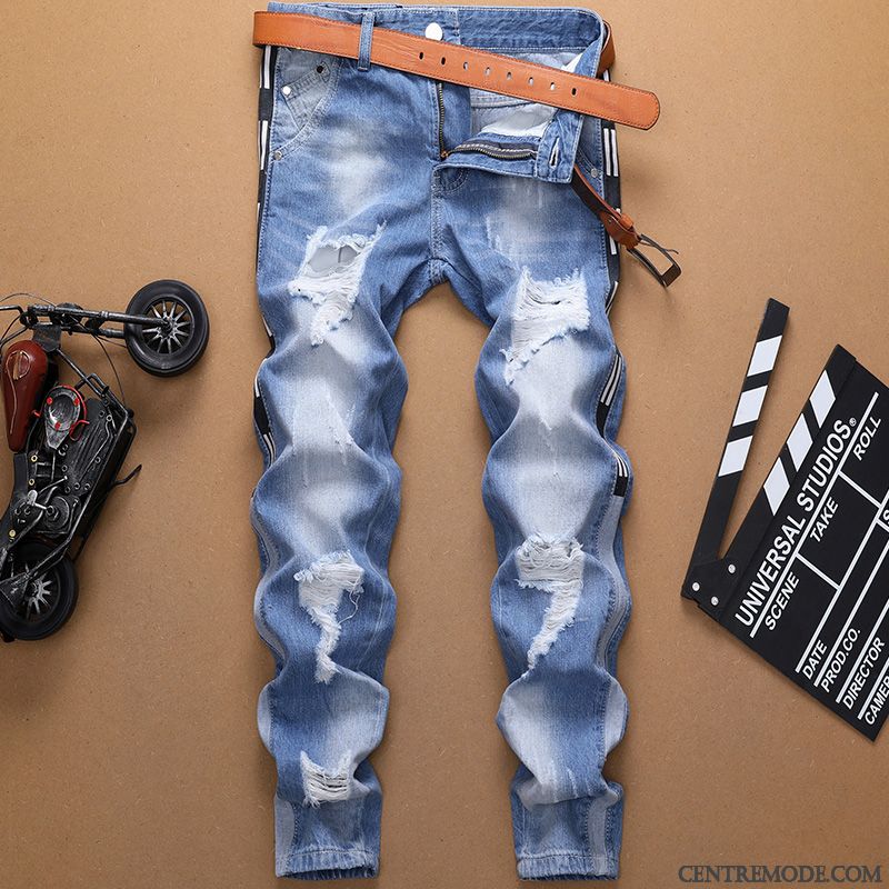 Jeans Homme Jambe Droite Tendance Troués Personnalité Légère Jeunesse Bleu Clair Bleu