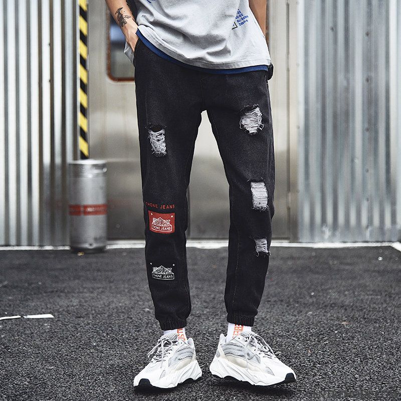 Jeans Homme Légère Gros Baggy Des Trous Dans Les Jeans Marque De Tendance Été Noir