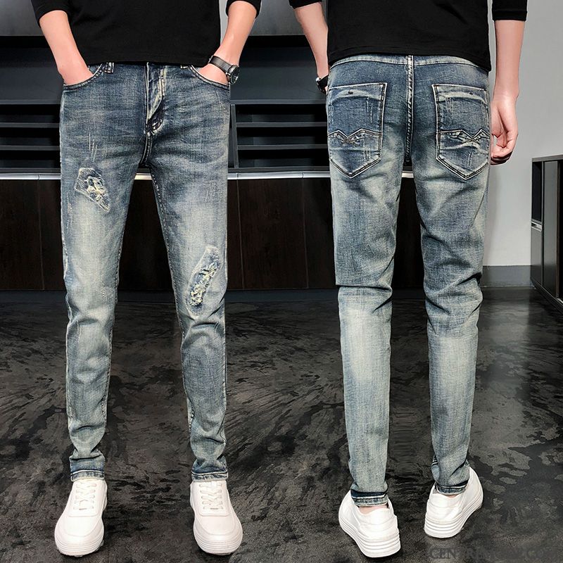 Jeans Homme Légère Maigre Collants Des Trous Dans Les Jeans Marque De Tendance Slim Bleu Clair