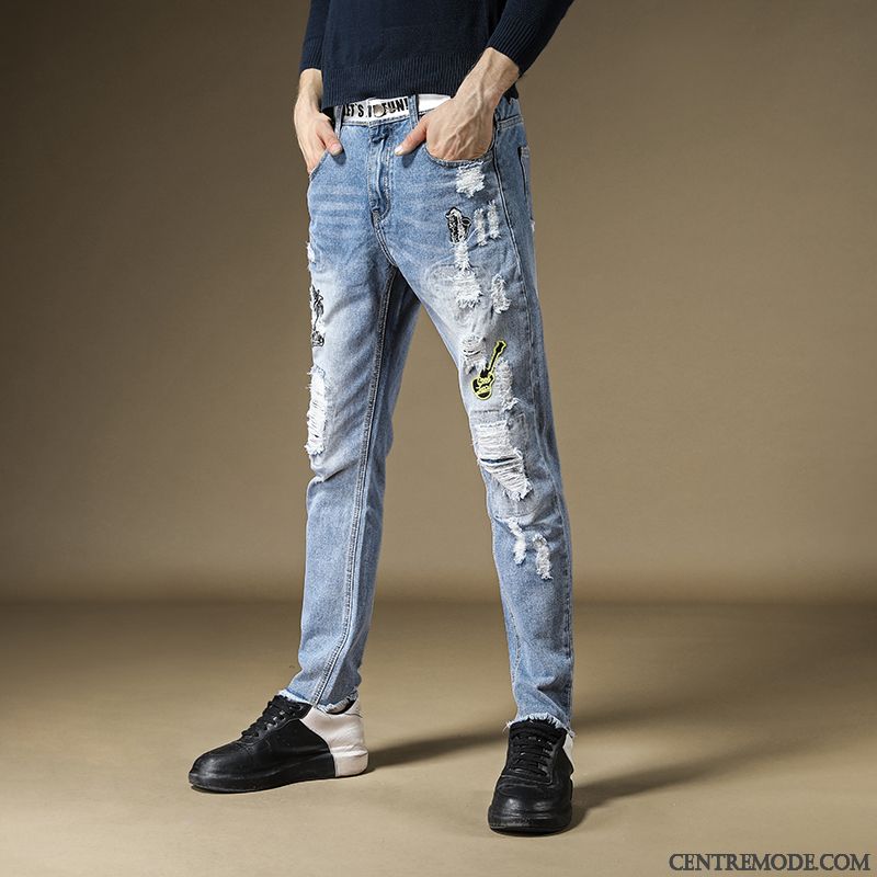 Jeans Homme Personnalité Broderie Denim Tendance Rue Hip Hop Bleu Clair