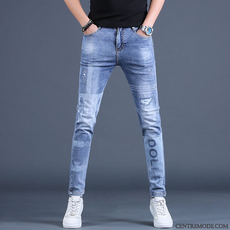 Jeans Homme Racé Troués Pantalons Slim Marque De Tendance Baggy Bleu Marin Impression