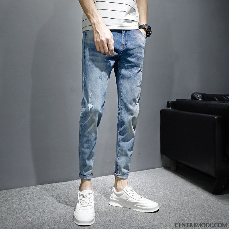 Jeans Homme Slim Marque De Tendance Printemps Décontractée Troués Extensible Bleu Clair