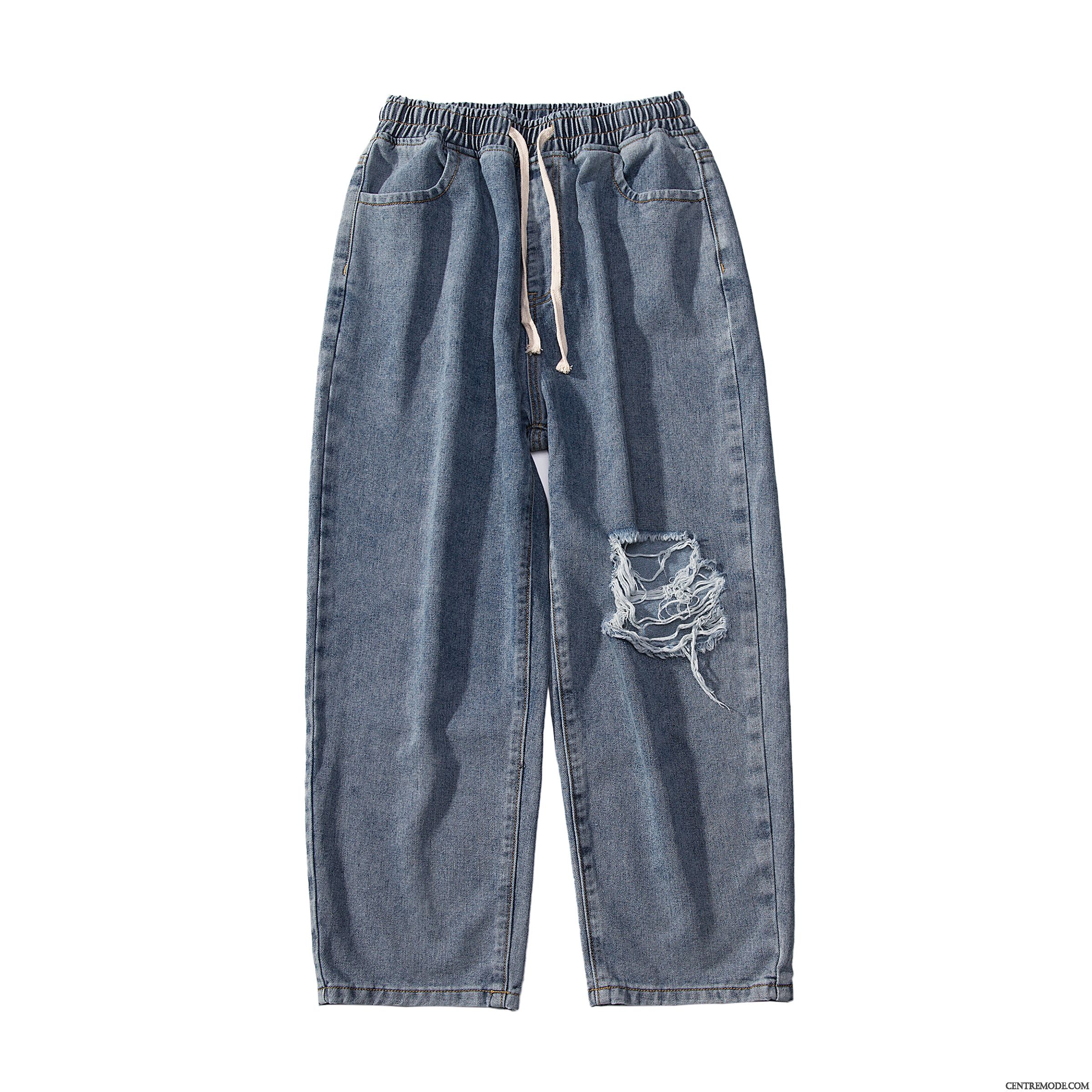 Jeans Homme Tendance Baggy Troués Pantalon Jambe Droite Collants Bleu Clair