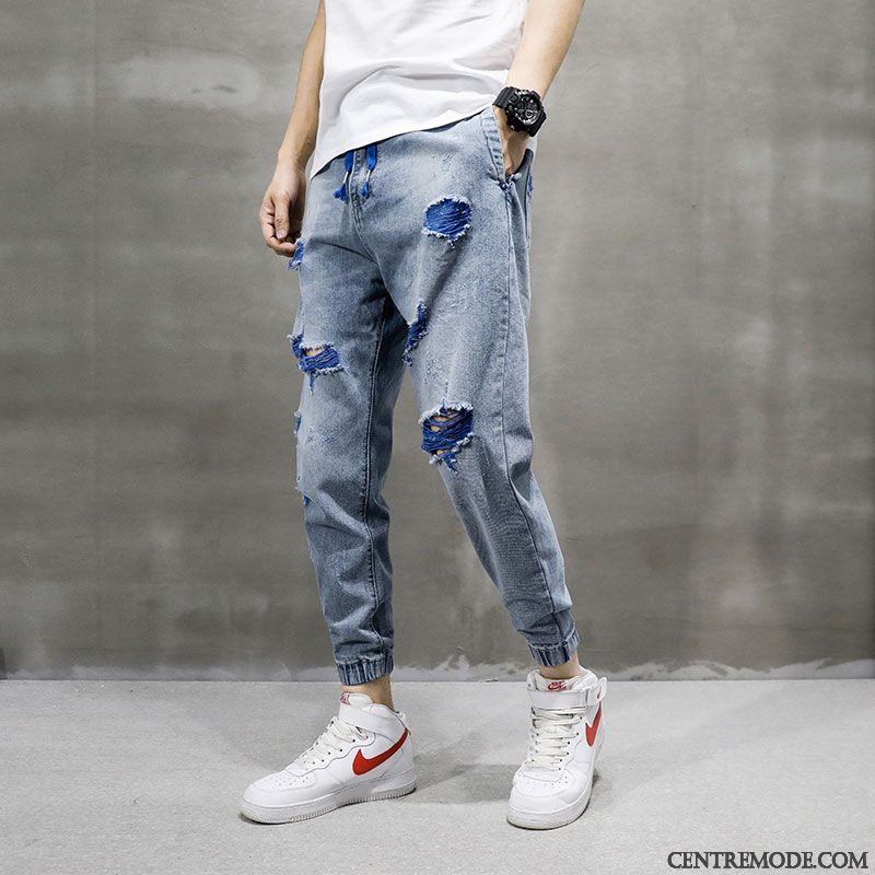 Jeans Homme Tendance Longue Baggy Serrés Troués Décontractée Bleu Clair