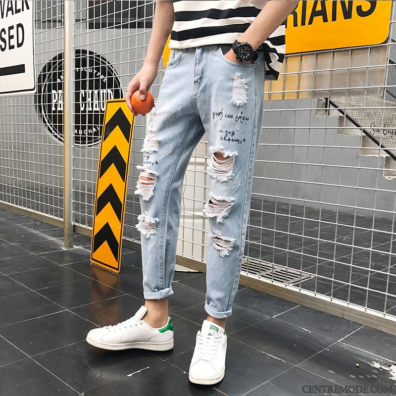 Jeans Homme Tendance Maigre Les Adolescents Printemps Troués L'automne Bleu Clair