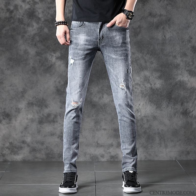 Jeans Homme Été Slim Printemps Tendance Longue Extensible Gris