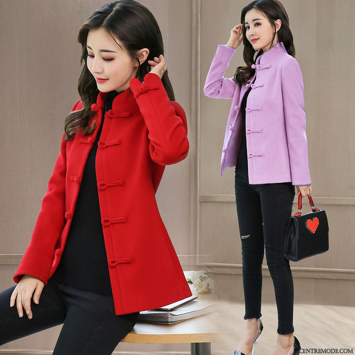 Manteaux Femme Mode Manteau En Laine Style Chinois Vêtements D'hiver Slim Mince Pure Violet