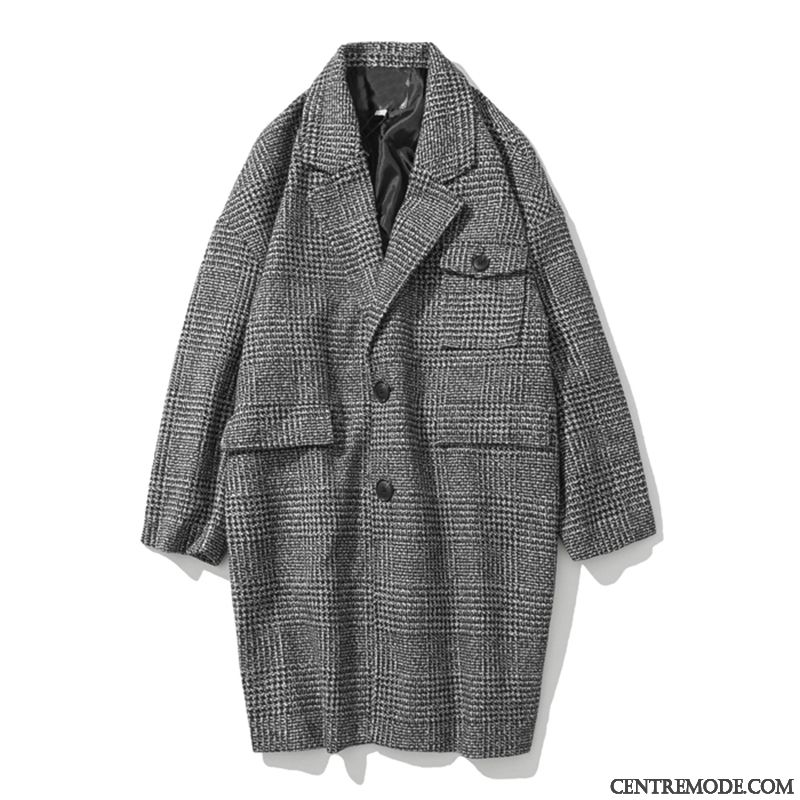 Manteaux Homme Coupe Vent Printemps Carreaux L'automne Tissu De Laine Manteau En Laine Noir Gris