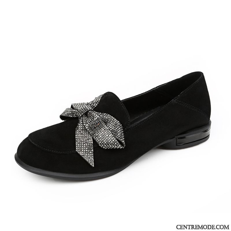 Mocassins Femme Derbies Peau De Mouton Arc Cuir Véritable Semelle Doux Tous Les Assortis Noir Clair