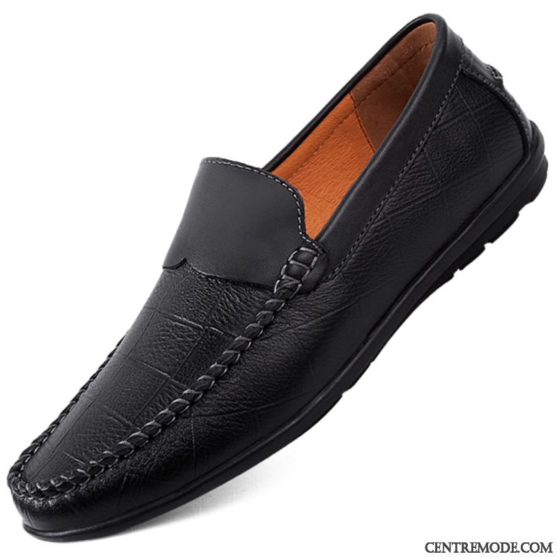 Mocassins Homme Angleterre Semelle Doux Chaussures En Cuir Jeunesse Décontractée Cuir Véritable Noir