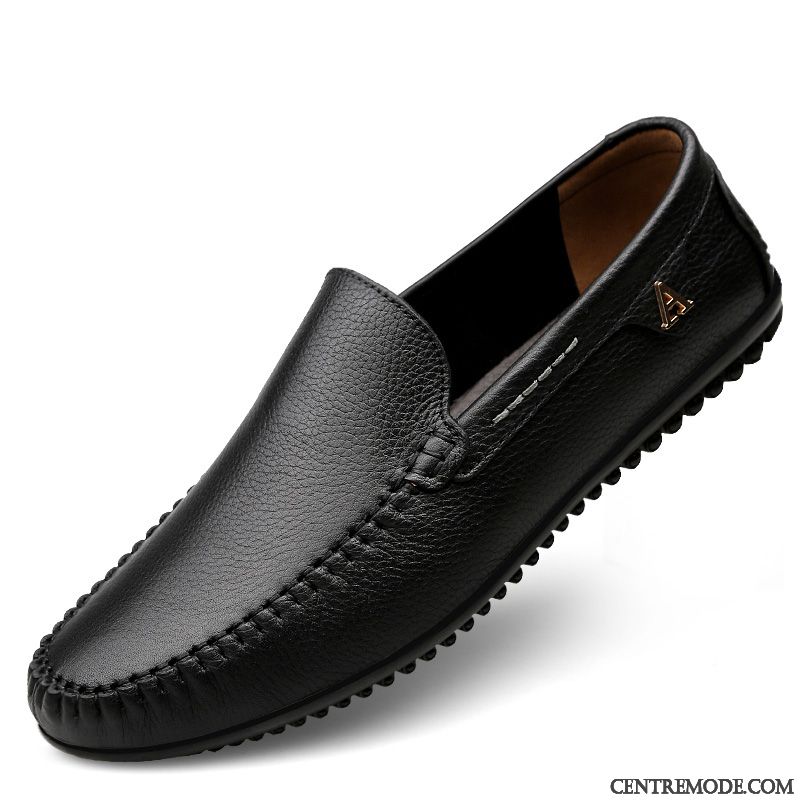 Mocassins Homme Creux Guipure Décontractée En Cuir Chaussures En Cuir Été Semelle Doux Noir