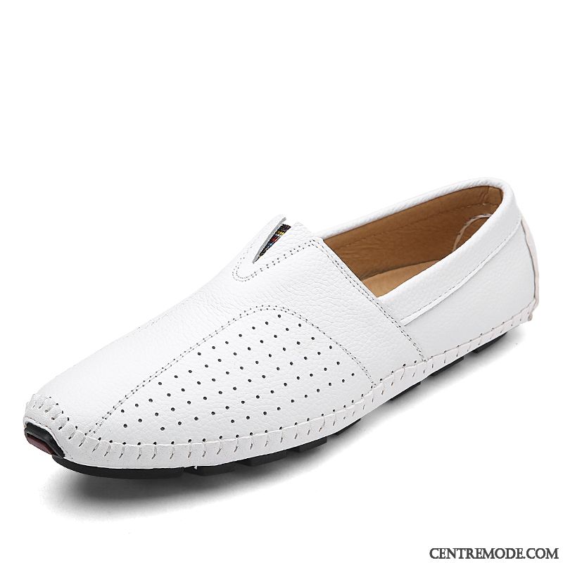 Mocassins Homme Décontractée Chaussures En Cuir Tendance Cuir Véritable Semelle Doux Respirant Blanc